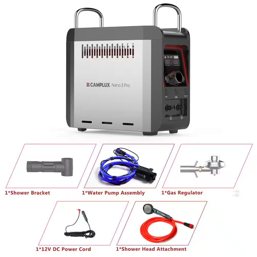 Nano 20500 BTU Outdoor Portable 1 Lb. Propane Water Heater W/4000Mah Rechargeable Battery for Showering Cleaning 0.8 GPM