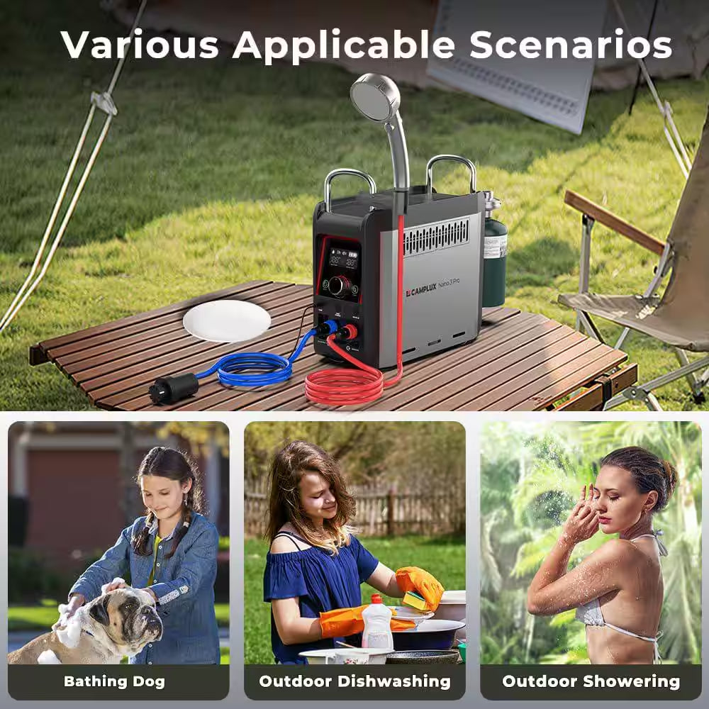 Nano 20500 BTU Outdoor Portable 1 Lb. Propane Water Heater W/4000Mah Rechargeable Battery for Showering Cleaning 0.8 GPM