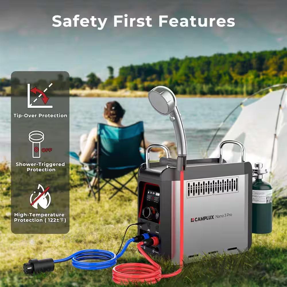 Nano 20500 BTU Outdoor Portable 1 Lb. Propane Water Heater W/4000Mah Rechargeable Battery for Showering Cleaning 0.8 GPM