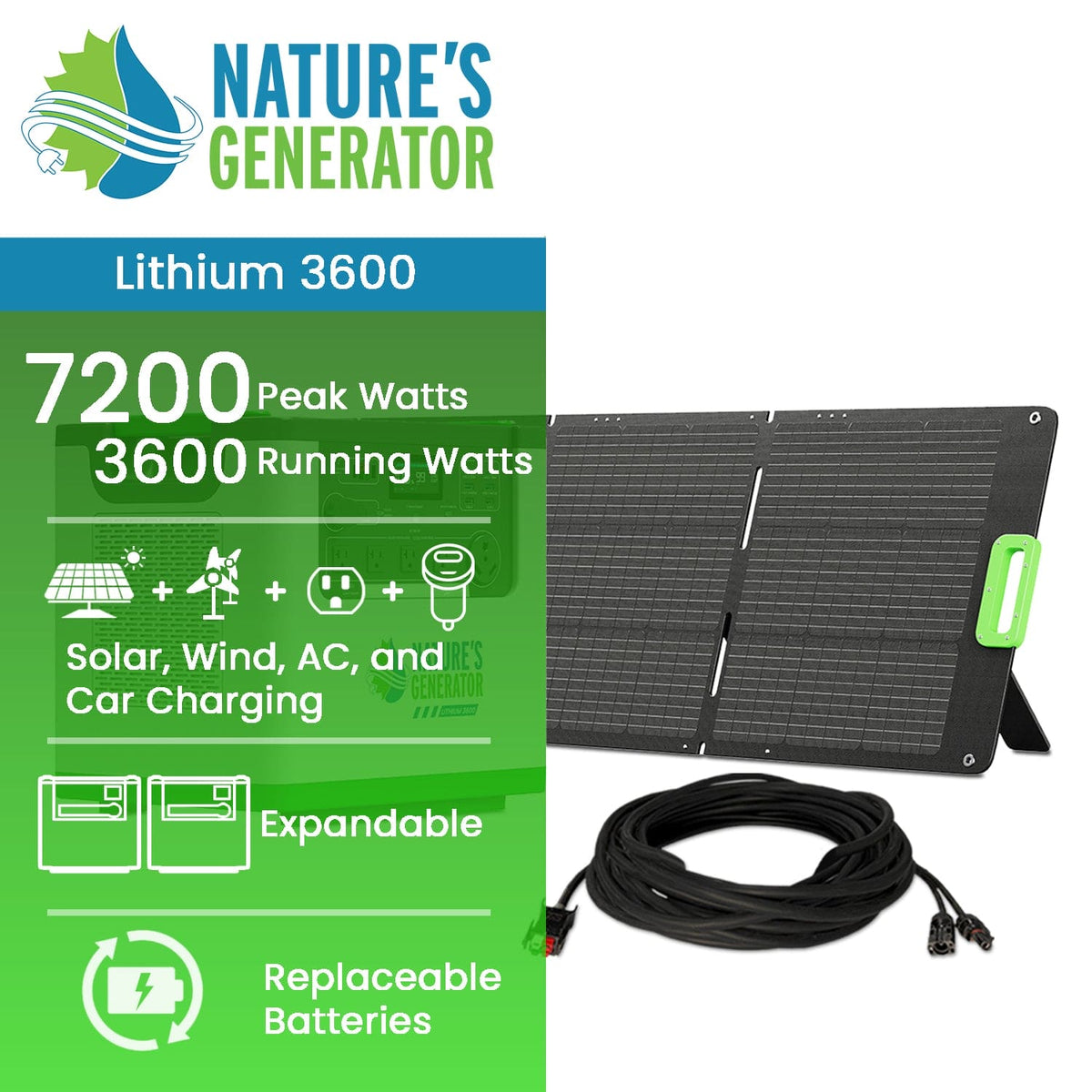 Nature's Generator L3600 Solar Generator Bundle, 3600W, 3072Wh