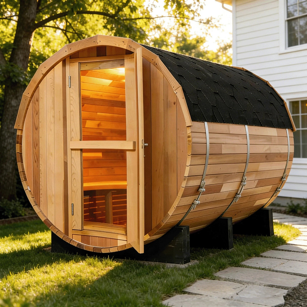 Athenas Decor Panoramic Outdoor Sauna with Glass Front, Build Options