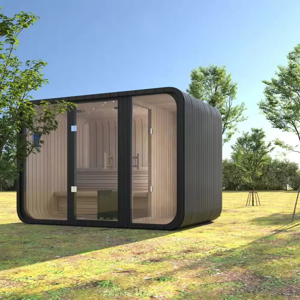 Athenas Decor Panoramic Outdoor Sauna with Glass Front, Build Options