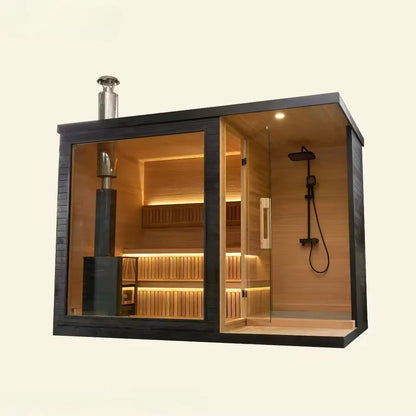 Athenas Decor Panoramic Outdoor Sauna with Glass Front, Build Options