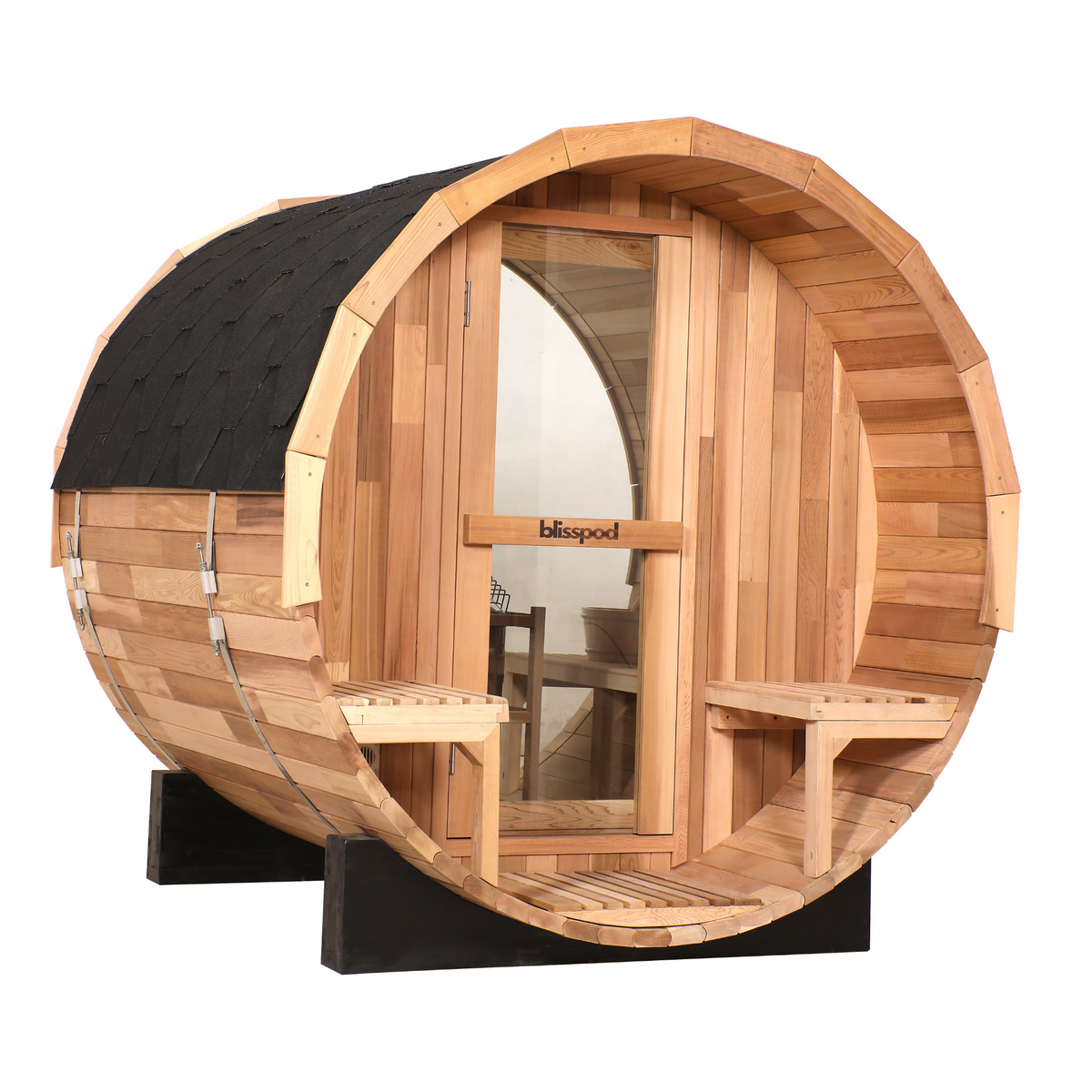 Blisspod Prague Red Cedar Barrel Sauna with Glass Back & Porch Seats