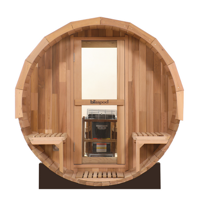 Blisspod Prague Red Cedar Barrel Sauna with Glass Back & Porch Seats