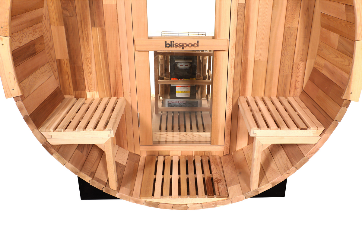 Blisspod Prague Red Cedar Barrel Sauna with Glass Back & Porch Seats
