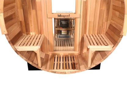 Blisspod Prague Red Cedar Barrel Sauna with Glass Back & Porch Seats