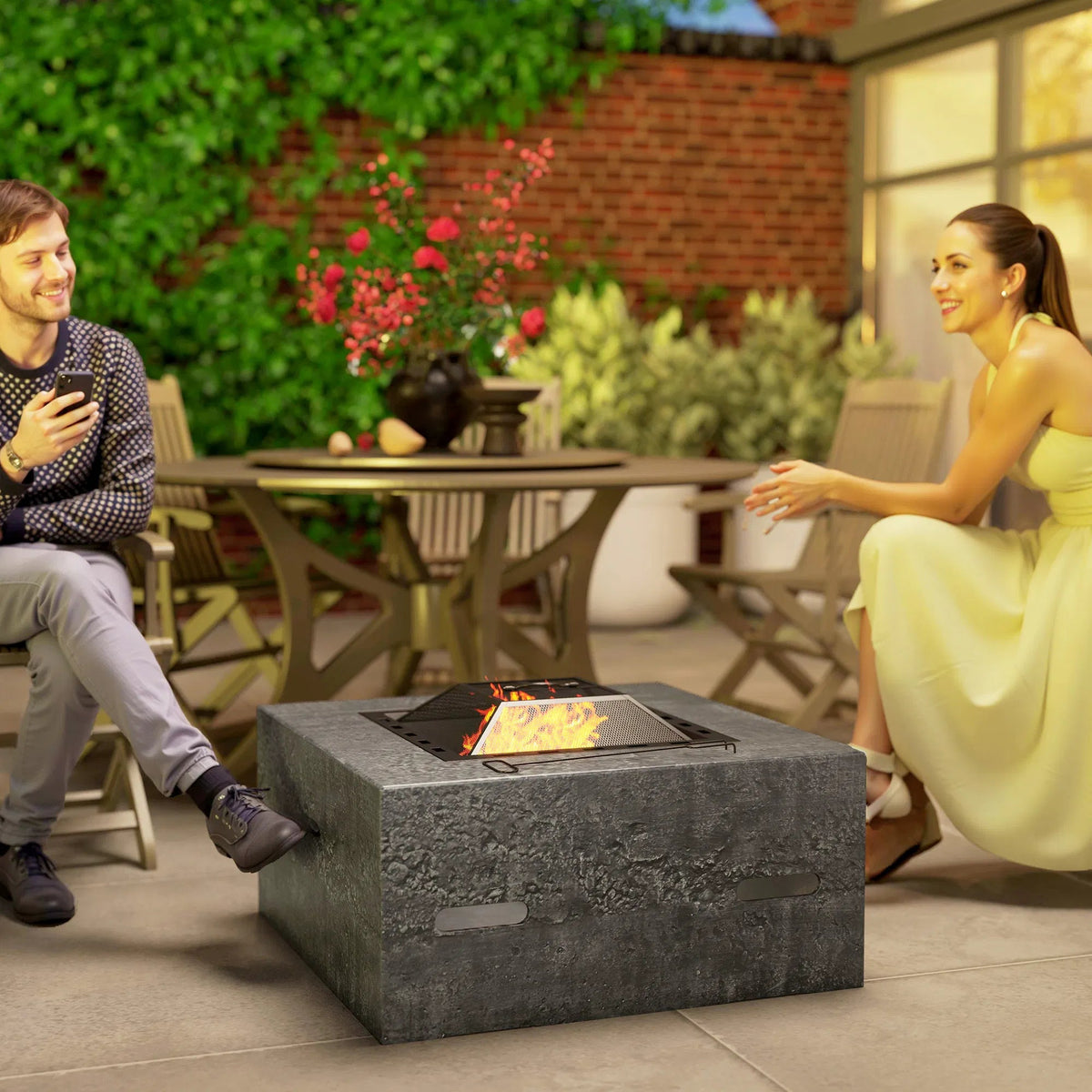 Athenas Decor Stone-Texture Wood-Burning Fire Pit, Charcoal Grey