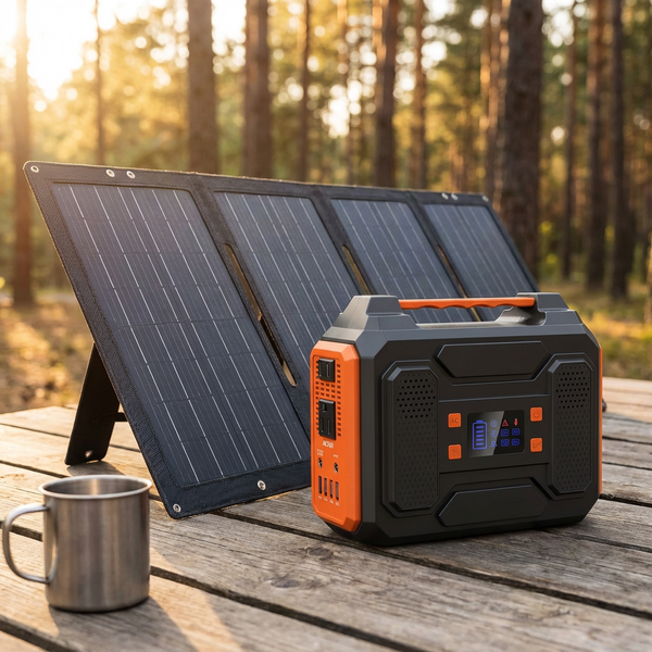 300-Watt Portable Solar Generator W/ Foldable 60-Watt Monocrystalline Solar Panel and 280Wh for Camping, RV, Outdoor Use — Studio Shot