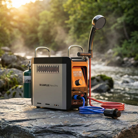 Nano 20500 BTU Outdoor Portable 1 Lb. Propane Water Heater W/4000Mah Rechargeable Battery for Showering Cleaning 0.8 GPM — Studio Shot