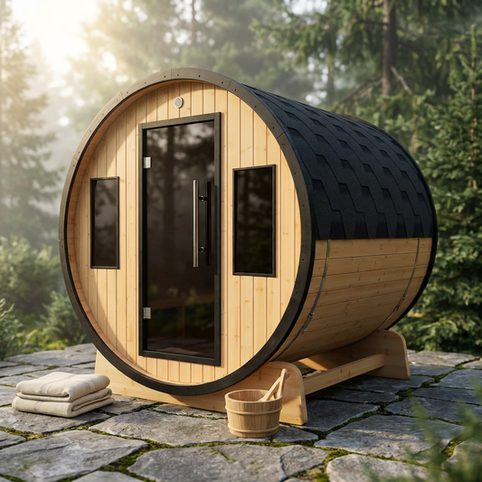 Outdoor 3-4 Person Pine Wood Dry Wet Barrel Sauna with Heater and Roof — Studio Shot