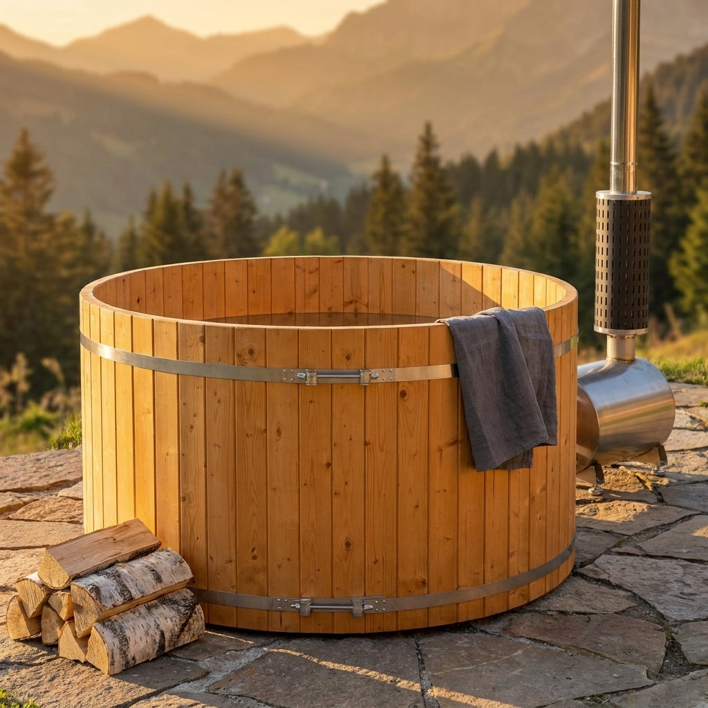 PEWSHTUB Pine Hot Tub and Ice Bath 4-5 Person with Wood-Fired Heater — Studio Shot