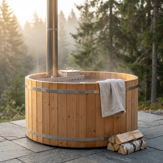 Wood Fired 4-Person to 5-Person 0-Jet Hot Tub and Ice Bath with Internal Stove Pine — Studio Shot