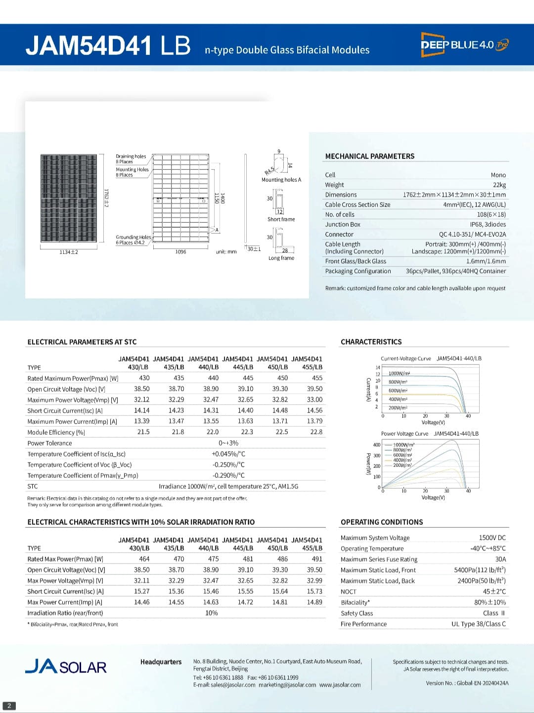 JA Solar 455W Bifacial N-Type TOPCon Solar Panels, 16-Pack