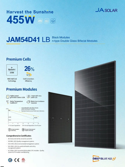JA Solar 455W Bifacial N-Type TOPCon Solar Panels, 16-Pack